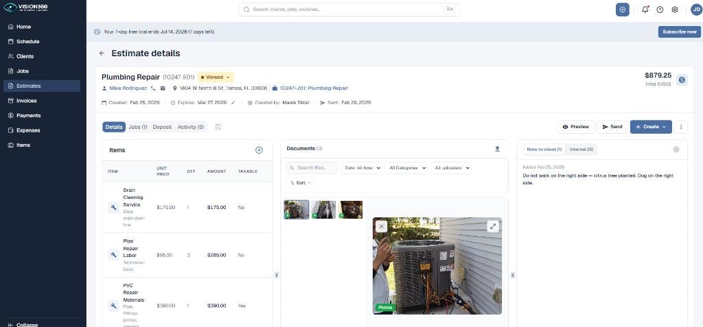 Vision360 estimate detail showing line items, job photos, and total amount